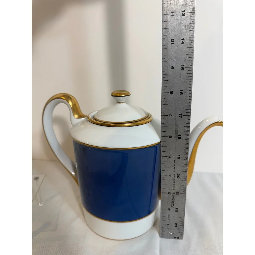 Fitz and Floyd Renaissance Blue Gold Trim Coffee Pot Porcelain Japan 1978 VTG